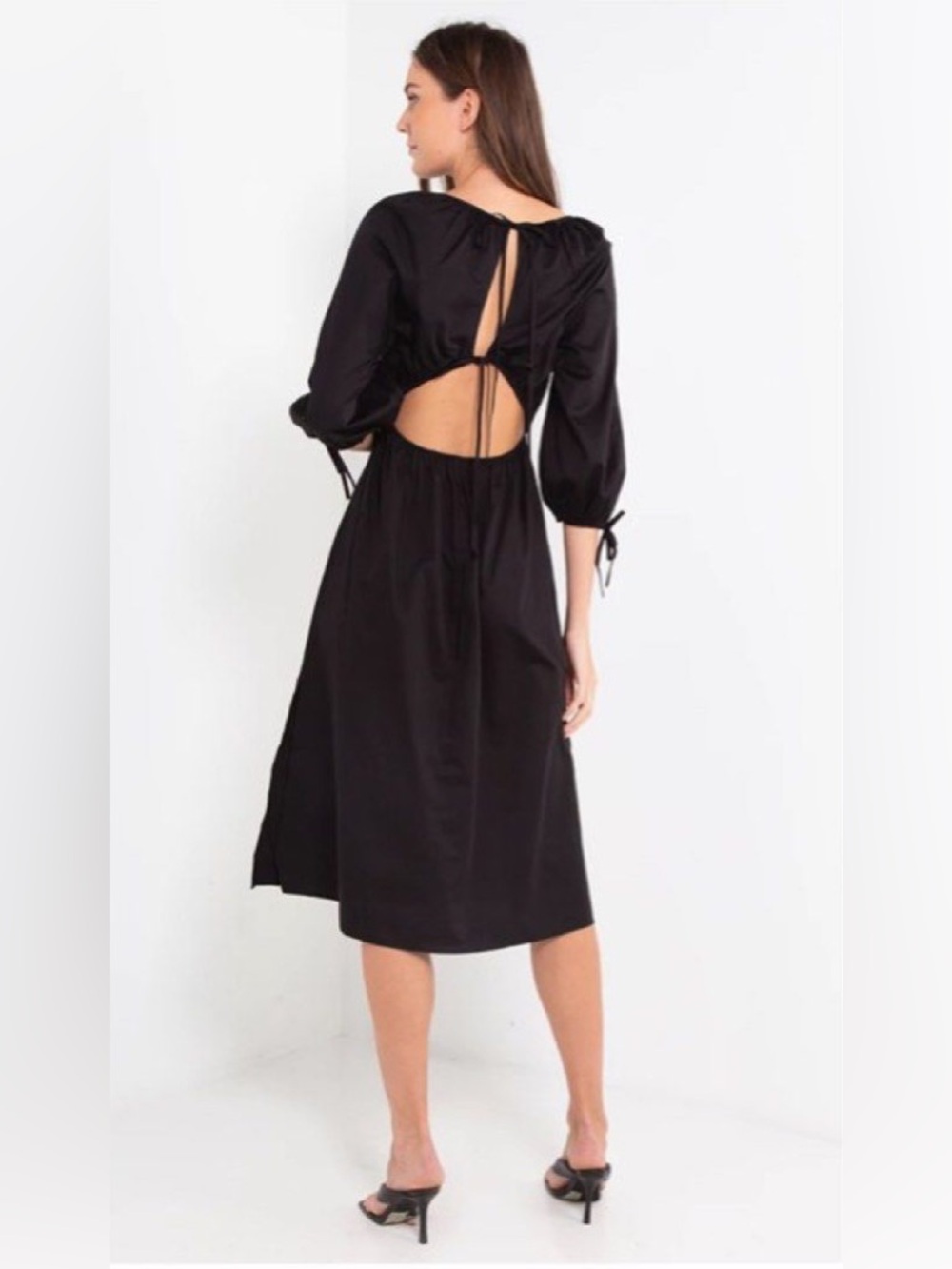 & Other Stories Black Cotton Midi Dress with Open Tie Back
